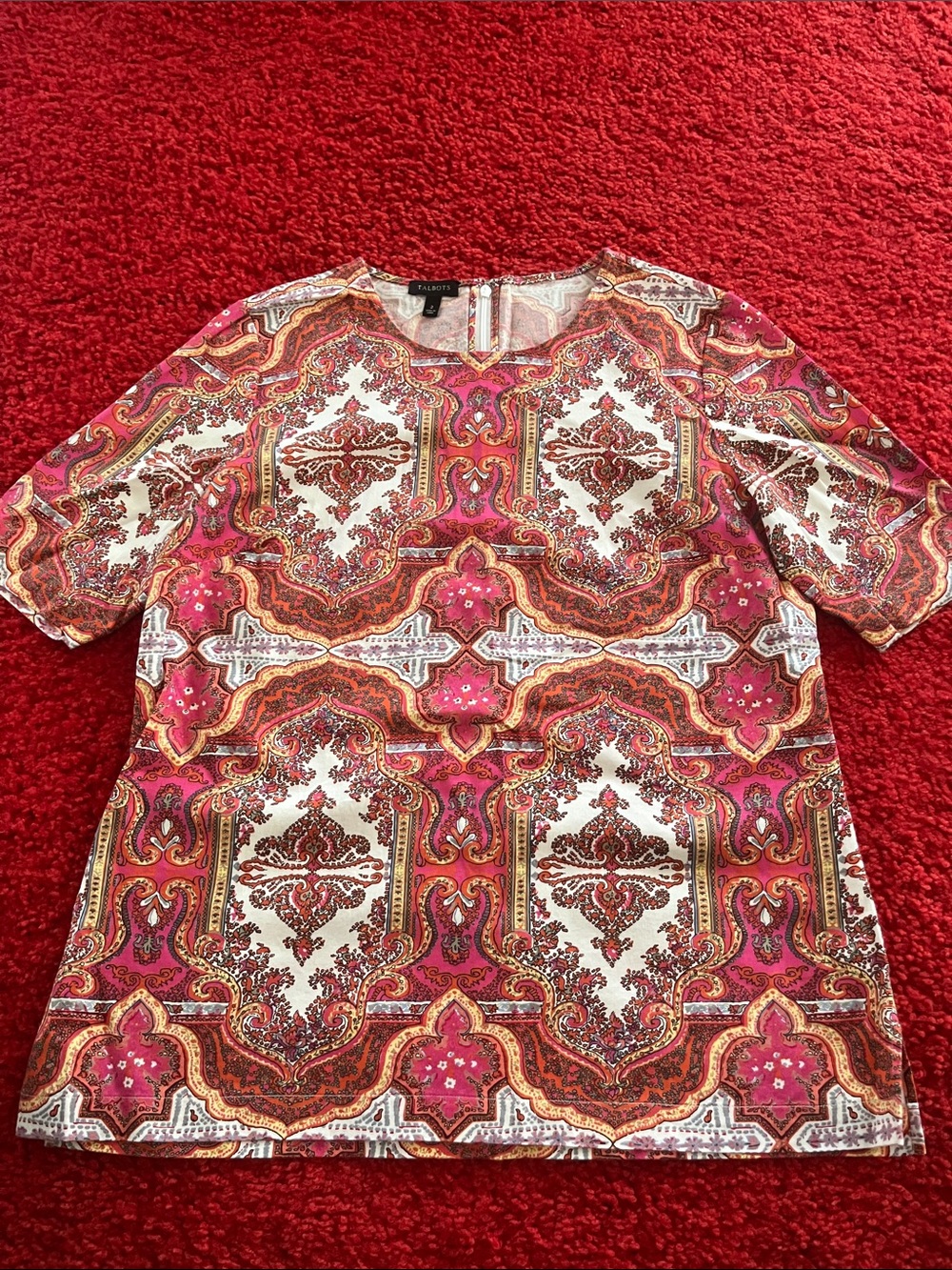 Talbots Pink and Brown Paisley-Print Short Sleeve Tunic